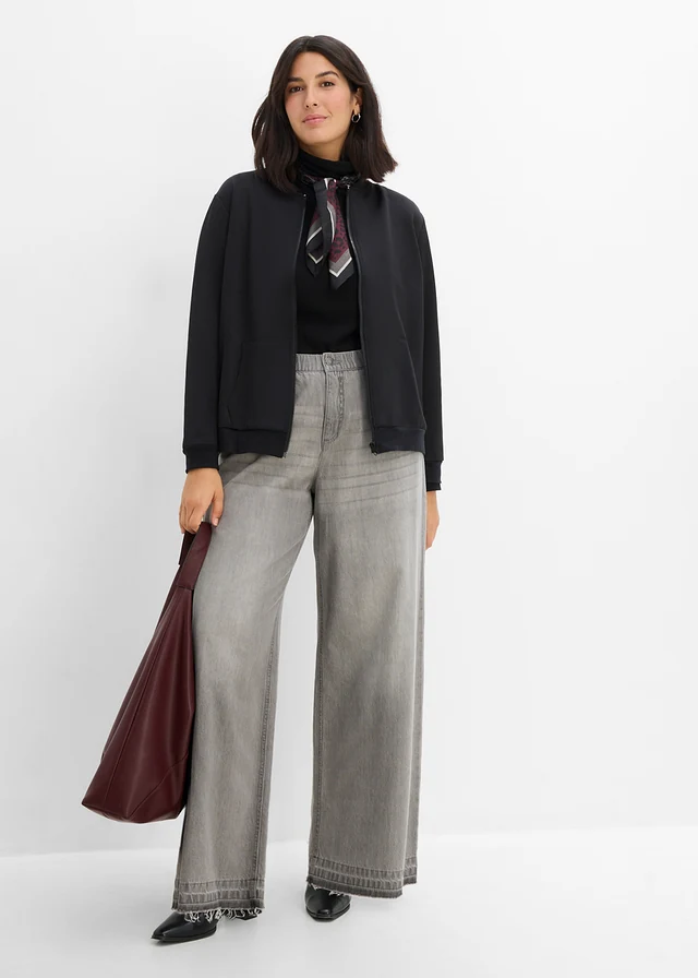 Wide leg jeans mid waist, comfort tailleband, Kleur: lichtgrijs denim used