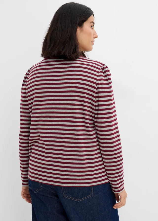 T-shirt manches longues en coton mélangé épais, Couleur: gris clair chiné-prune foncé-rouge érable rayé