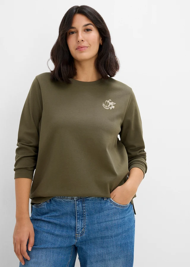 T-shirt manches longues en coton épais, Couleur: olive foncé imprimé