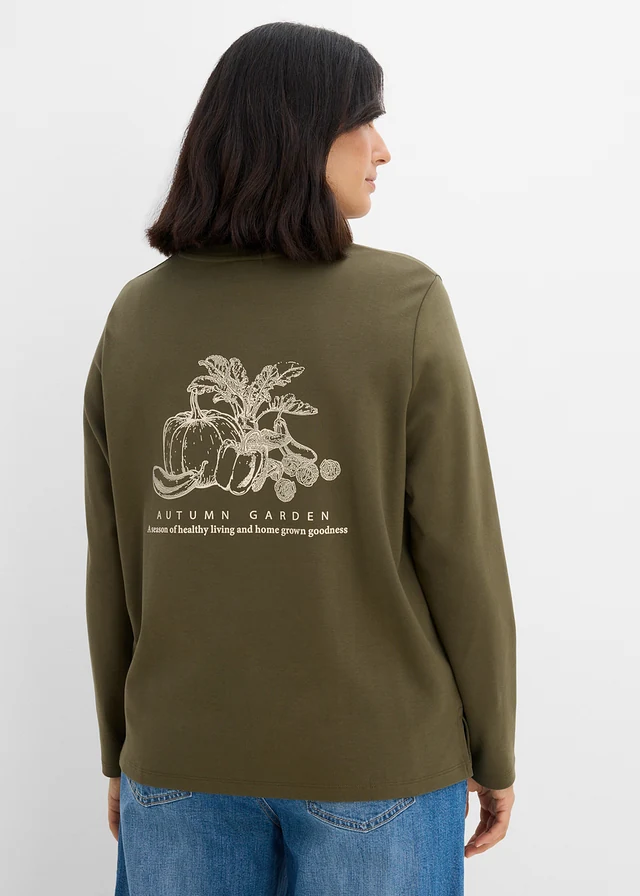 T-shirt manches longues en coton épais, Couleur: olive foncé imprimé