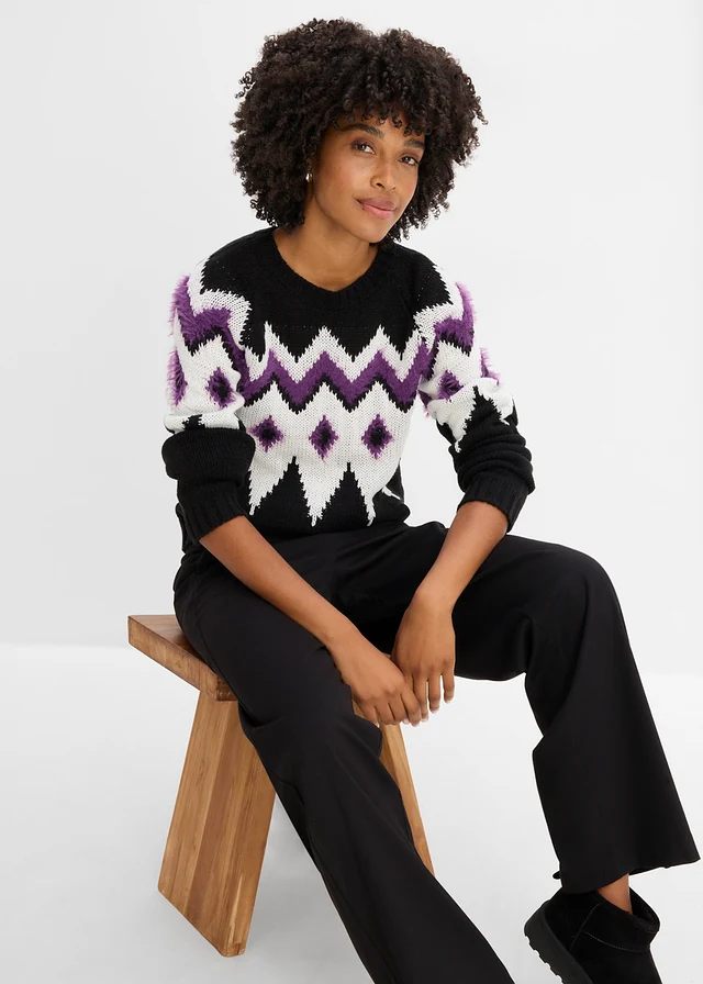 Sweter z grubej dzianiny we wzór Fair Isle • czarno-liliowy • sklep bonprix
