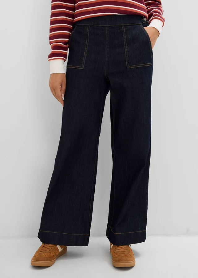 Jeansy wide leg z wysokim stanem i naszywanymi kieszeniami • granatowy denim unwashed • sklep bonprix