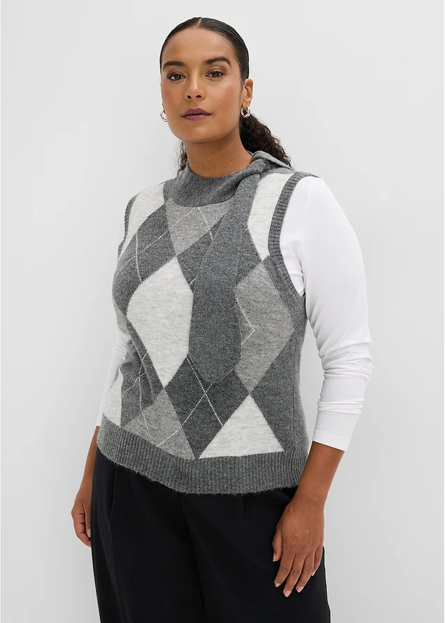 Pull sans manches avec écharpe, Couleur: gris carreaux