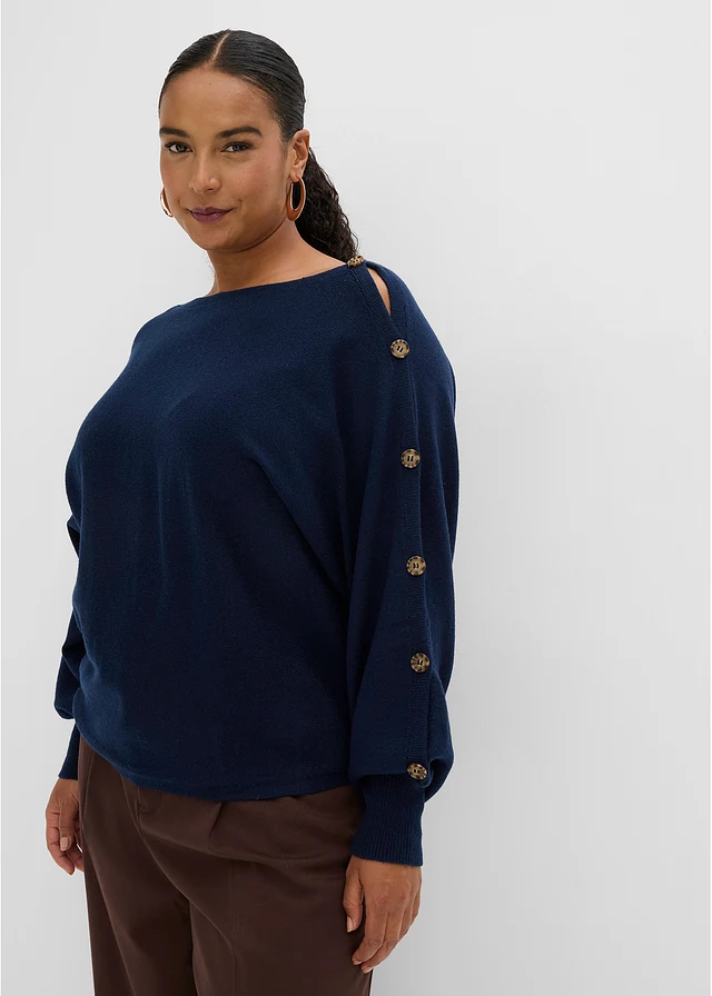 Pull avec détails boutons, Couleur: bleu foncé chiné
