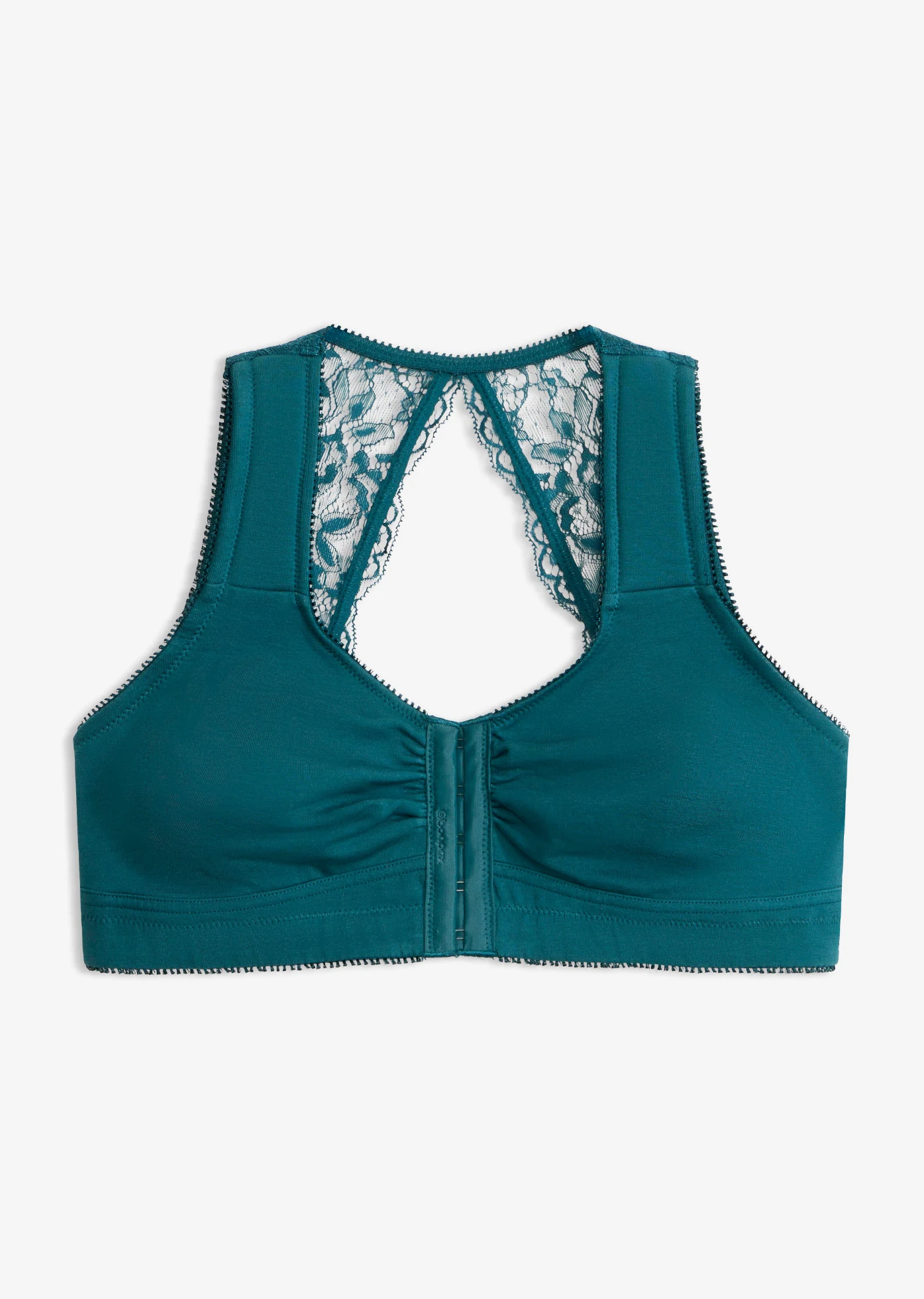 Sutien cu închidere în față, fără armătură, cu bumbac organic și dantelă • verde pertrol închis • magazin bonprix