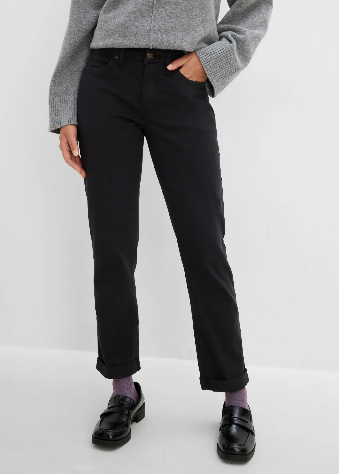 Jeansy ze stretchem straight, high waist • czarny diagonal • sklep bonprix