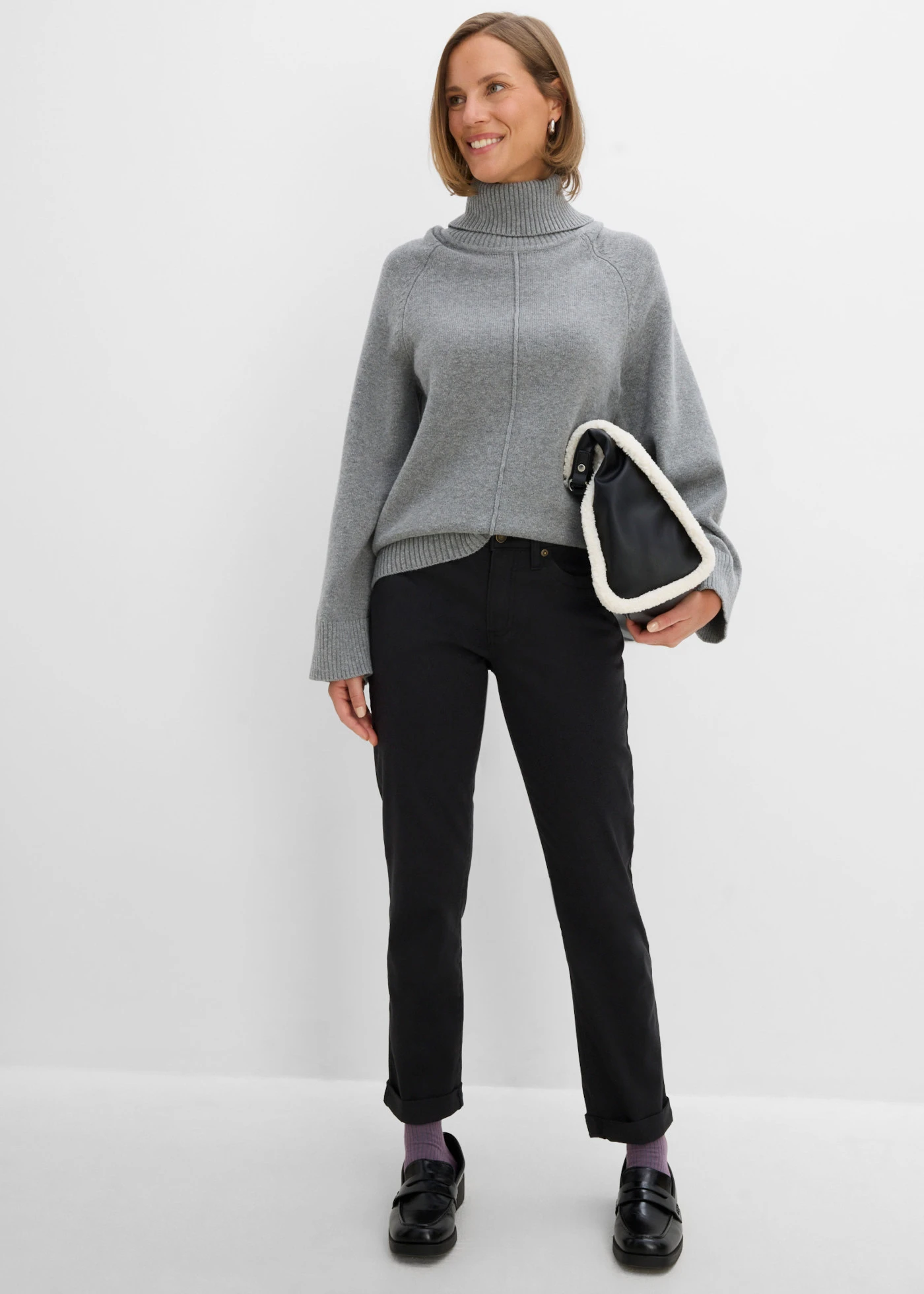 Jean droit taille mi-haute, extensible • noir twill • Boutique bonprix