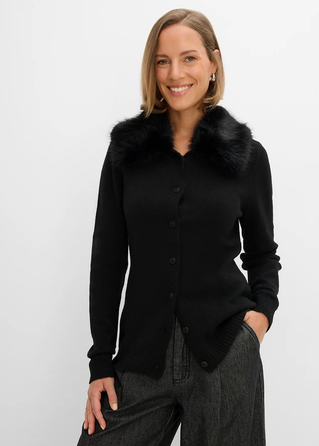Getailleerd vest met kraag van imitatiebont • zwart • bonprix online shop