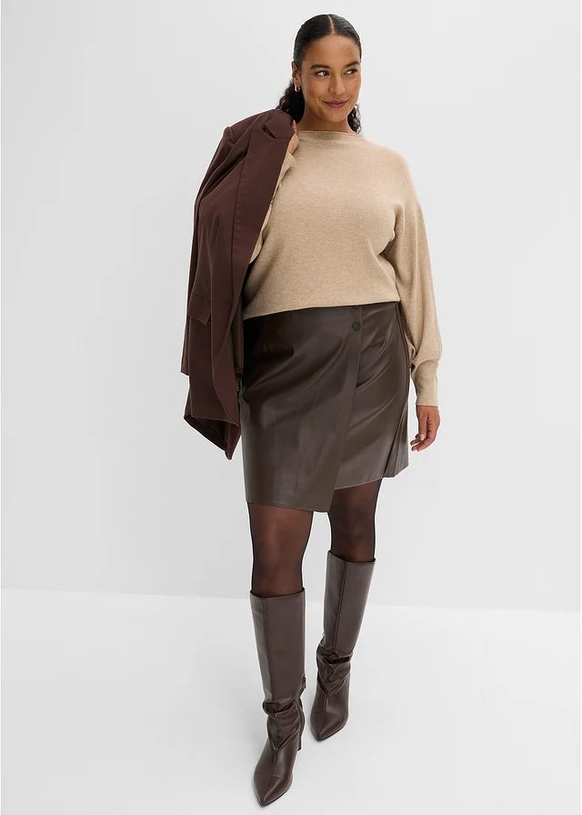 Imitatieleren rok in asymmetrische vorm, Kleur: donkerbruin