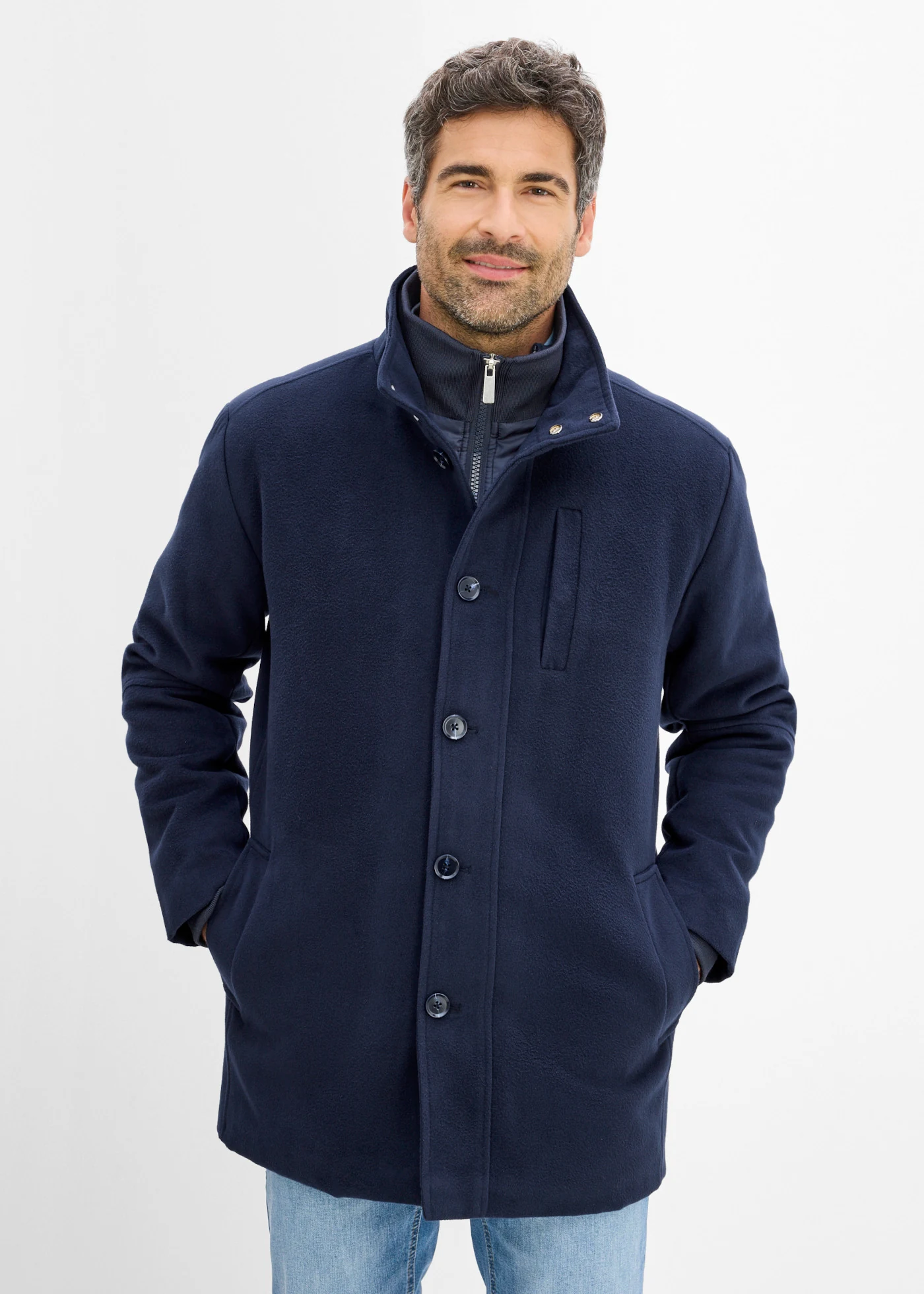 Winterjas met windvanger in wollen look • donkerblauw • bonprix online shop