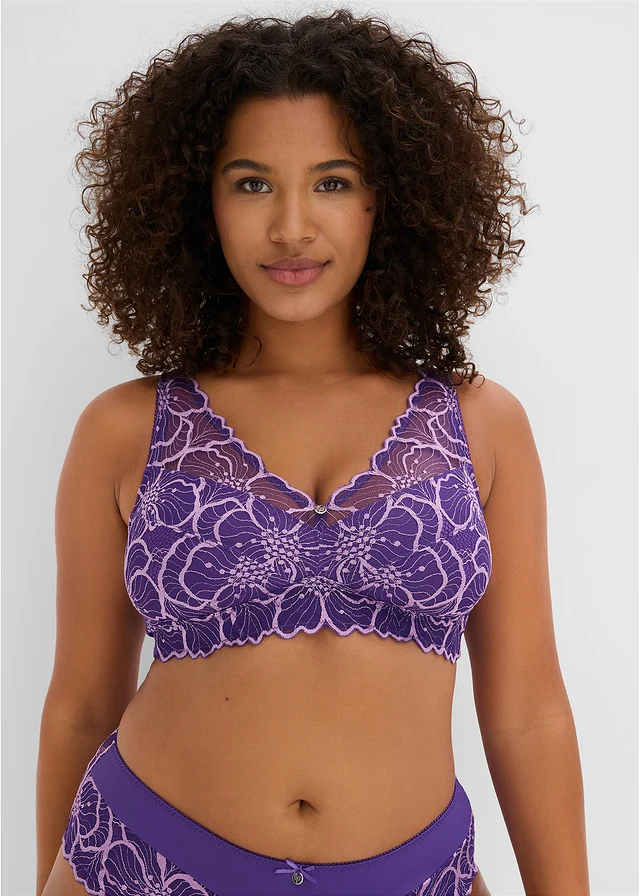 Soutien-gorge bralette minimiseur avec dentelle bicolore, Couleur: violet