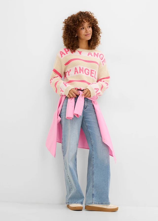 Boxy trui, Kleur: kiezelbeige-neonpink, andere kleuren