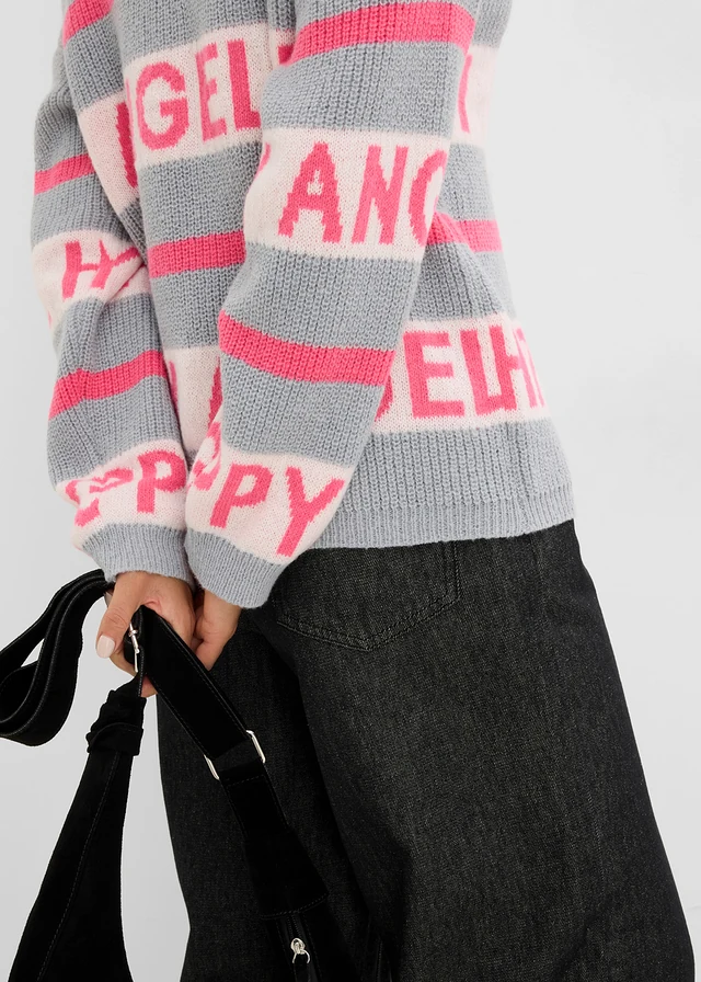 Pull boxy • gris clair chiné-rose fluo • Boutique bonprix