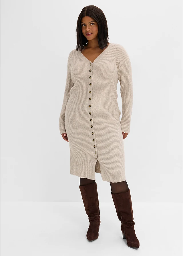 Robe midi en maille à boutons, Couleur: beige galet chiné