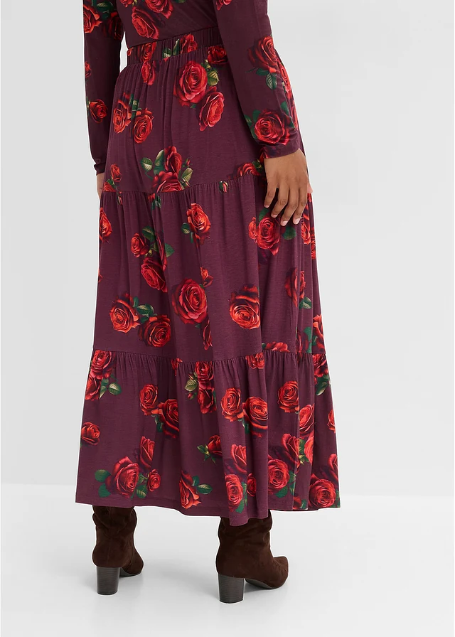 Jersey rok van een zachte viscosemix, Kleur: wijnrood gebloemd