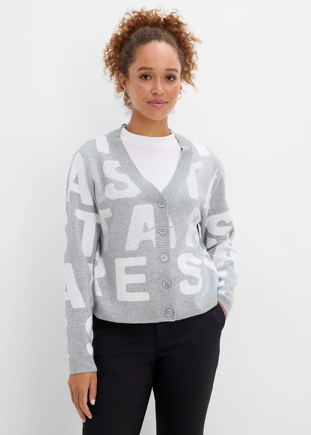 Gilet en fine maille orné de strass • gris clair chiné-blanc imprimé • Boutique bonprix