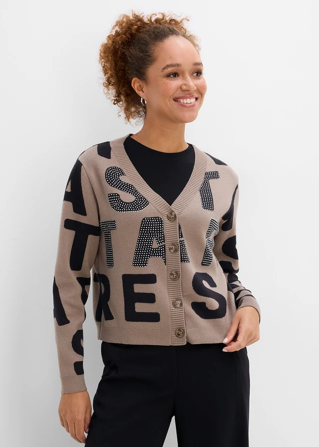 Fijn gebreid vest met strass-applicatie, Kleur: taupe-zwart, andere kleuren