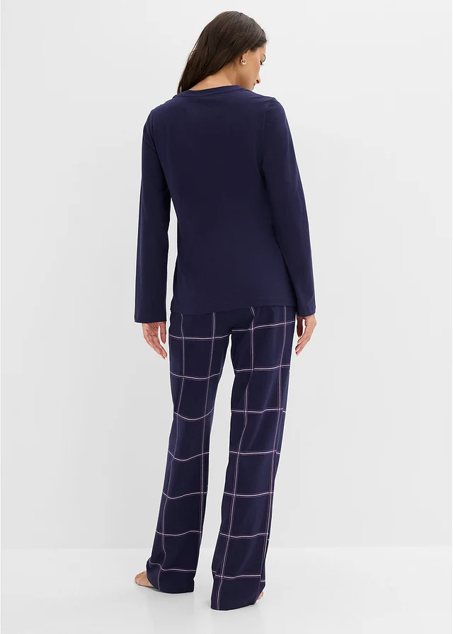 Pyjama en coton doux avec pochette cadeau, Couleur: bleu marine-doré carreaux