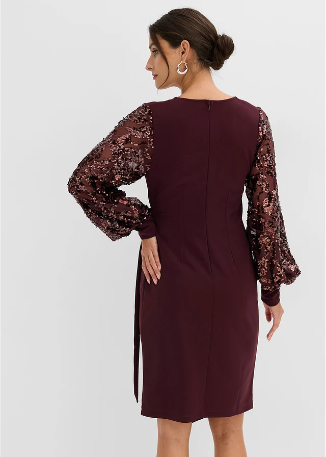 Midi jurk met paillettenborduursel op de mouwen • wijnrood • bonprix online shop