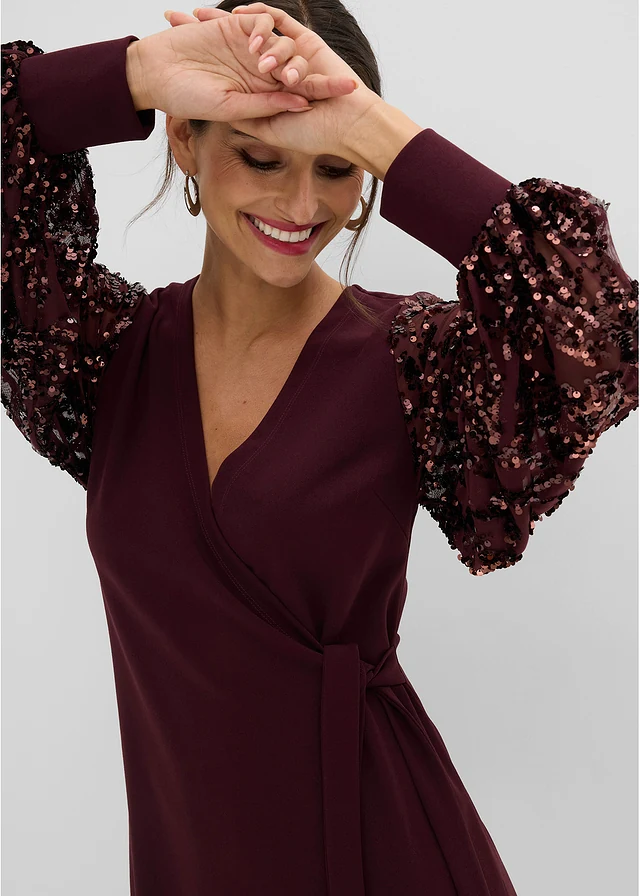 Midi jurk met paillettenborduursel op de mouwen • wijnrood • bonprix online shop