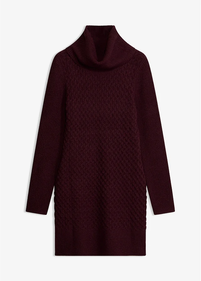Accentuerende, gebreide jurk met col, Kleur: wijnrood