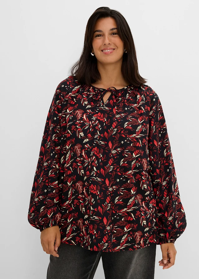 Tuniekblouse van soepele viscose, Kleur: amandelbruin-zwart-kiezelbeige-chili oranje gedessineerd