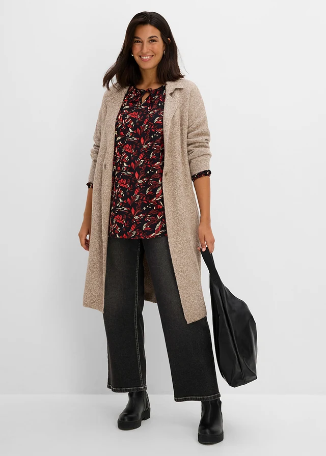 Tuniekblouse van soepele viscose, Kleur: amandelbruin-zwart-kiezelbeige-chili oranje gedessineerd