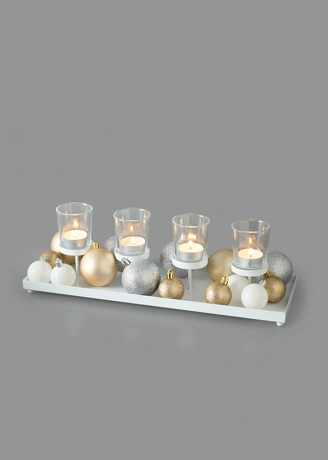 Kaarsenplateau met 4 waxinelichthouders en decoratieve bollen • wit-goudkleurig • bonprix online shop