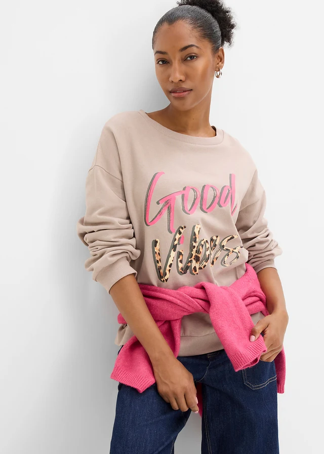 Sweater in een zachte katoenmix • natuursteen-neonpink met print • bonprix online shop