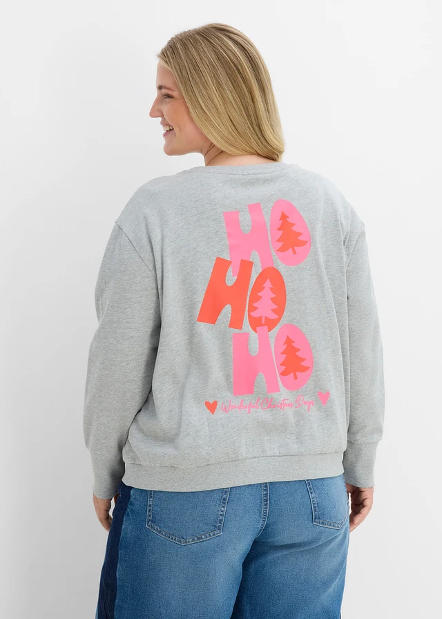 Sweat oversize et doux, coton majoritaire, Couleur: gris clair chiné-rose fluo-rouge poivron imprimé