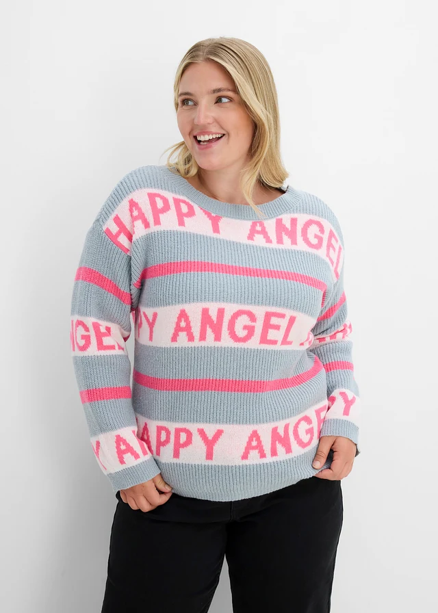 Pull boxy, Couleur: gris clair chiné-rose fluo