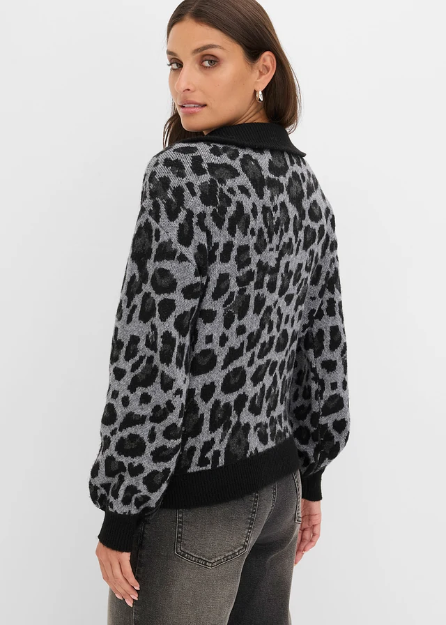 Oversized schipperstrui, Kleur: zwart/grijs gemêleerd/antraciet gemêleerd luipaardprint