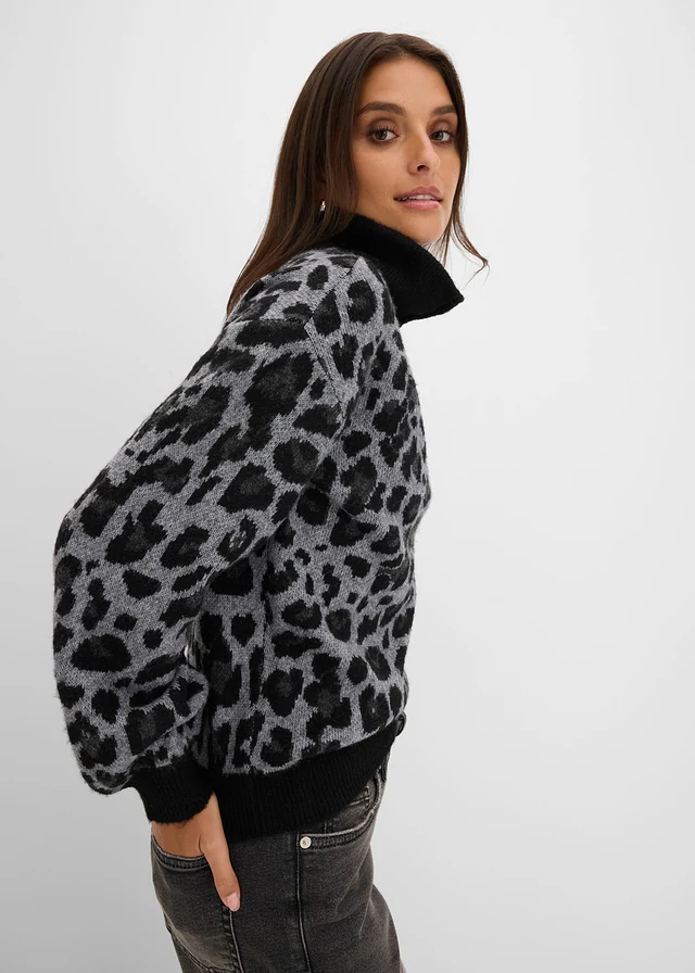 Oversized schipperstrui • zwart/grijs gemêleerd/antraciet gemêleerd luipaardprint • bonprix online shop