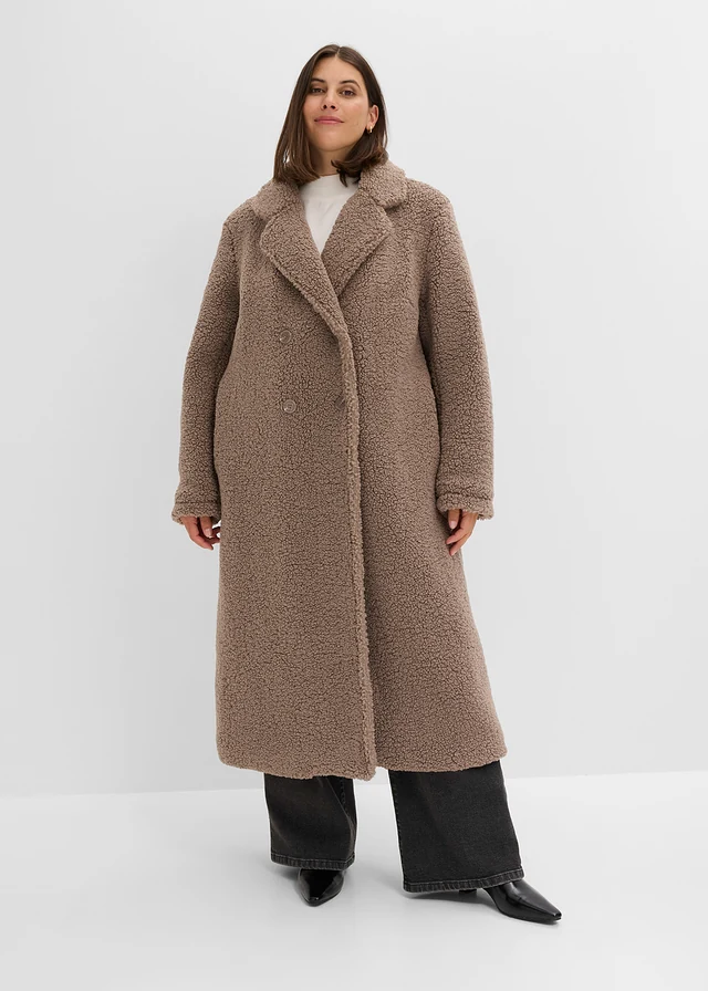 Lange teddy jas, Kleur: taupe