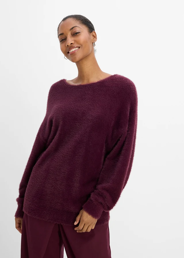 Pull long en maille poilue douce • bordeaux • Boutique bonprix