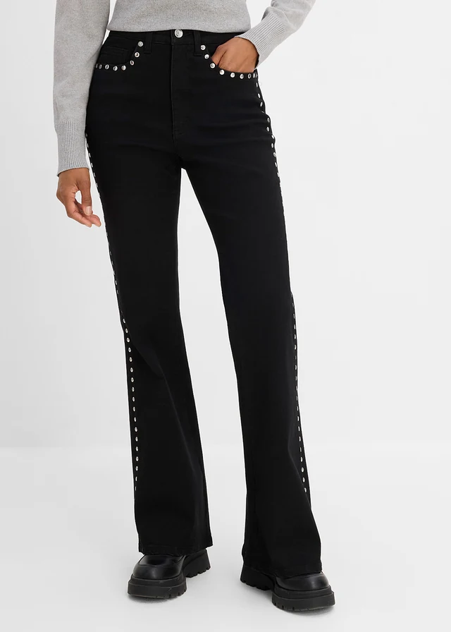 Flared jeans met studs, high waist • zwart denim ongewassen • bonprix online shop