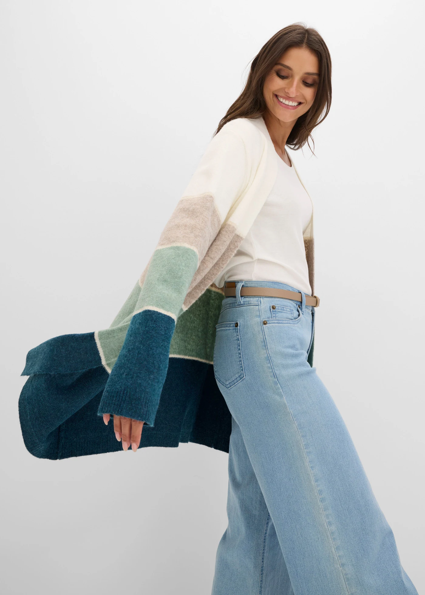 Lang gebreid vest • crème-beige gemêleerd-mint gemêleerd-petrol gemêleerd gestreept • bonprix online shop