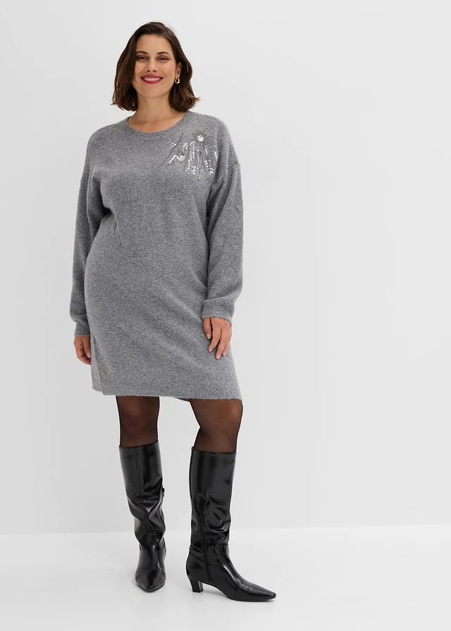 Robe en maille avec application, Couleur: gris chiné