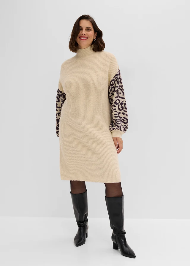 Gebreide oversized jurk met luipaardpatroon, Kleur: lichtsand gemêleerd-zwart luipaardprint