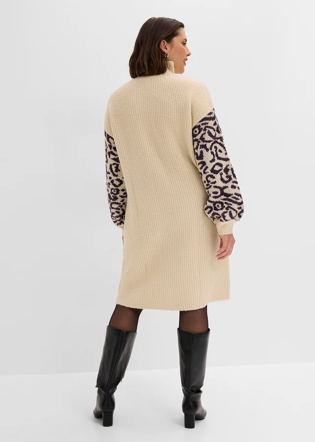 Gebreide oversized jurk met luipaardpatroon, Kleur: lichtsand gemêleerd-zwart luipaardprint