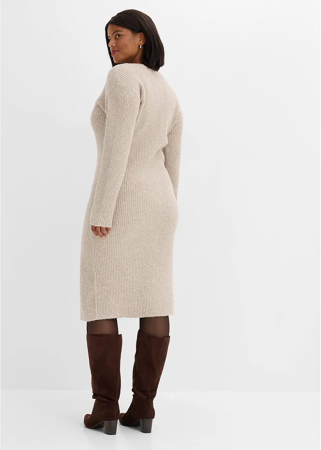 Gebreide midi jurk met knopen, Kleur: kiezelbeige gemêleerd