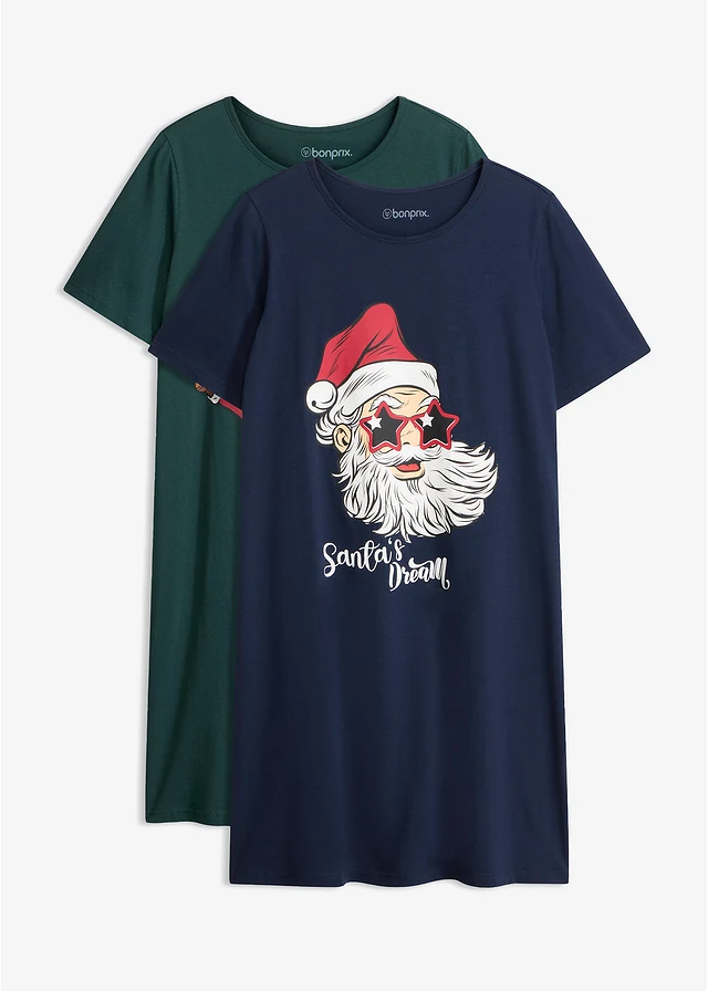 Lot de 2 chemises de nuit 100% coton, Couleur: bleu foncé-vert profond