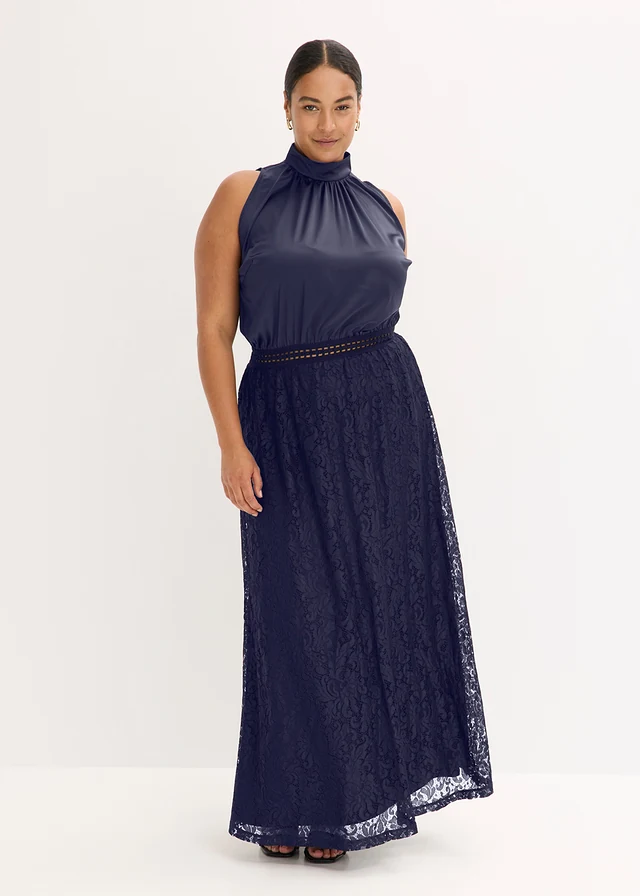 Robe longue avec jupe en dentelle, Couleur: bleu