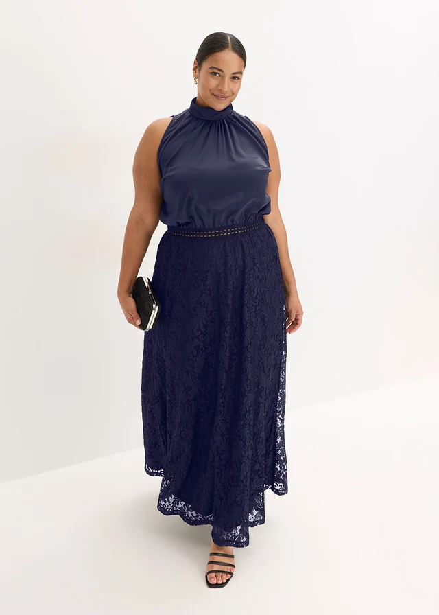 Robe longue avec jupe en dentelle, Couleur: bleu