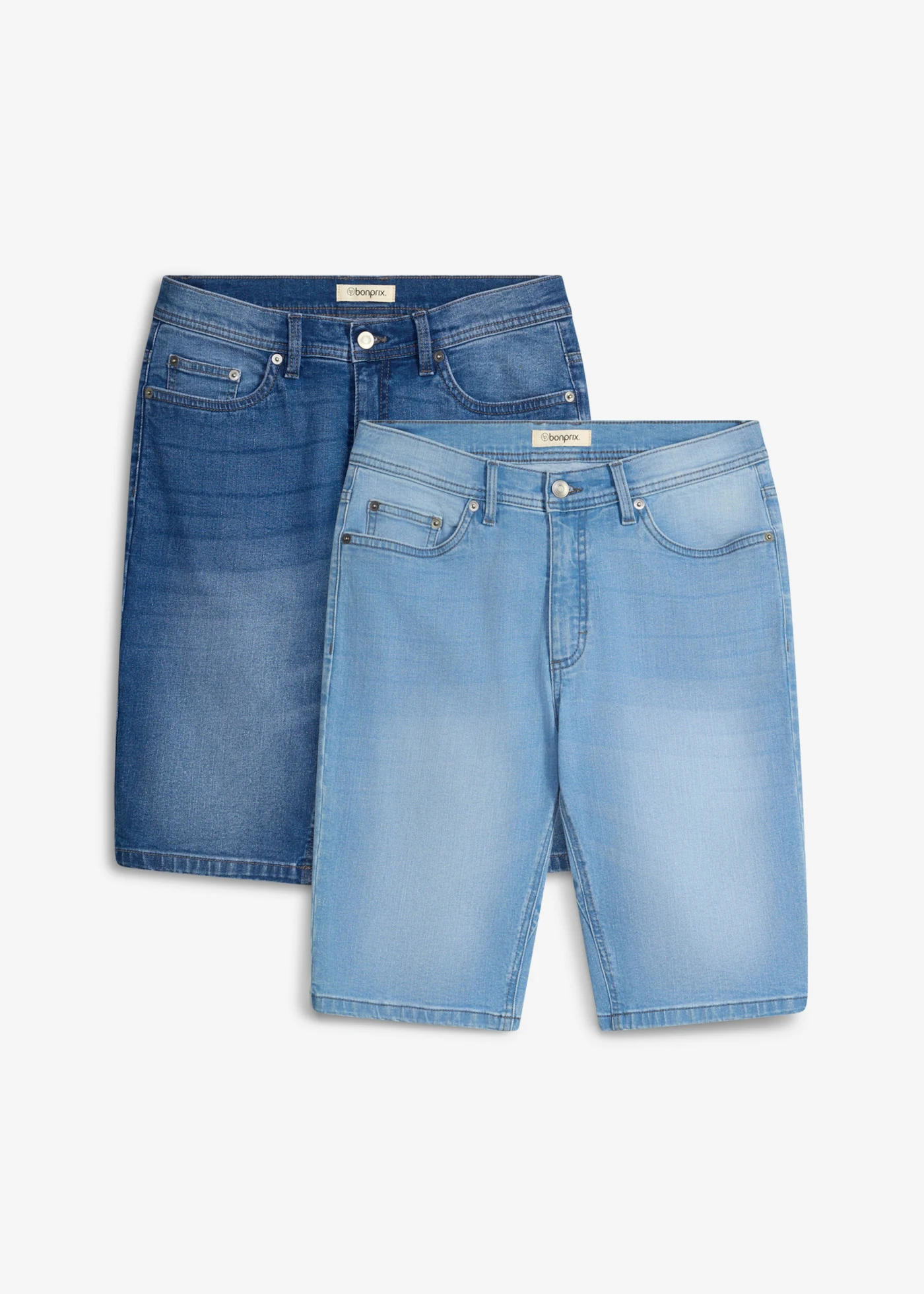 Strečové džínové bermudy se zesíleným rozkrokem, Regular Fit (2 ks v balení) • modrý denim + světle modrý denim • bonprix obchod