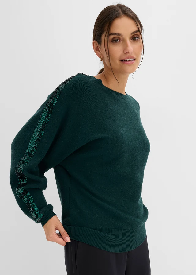 Fijn gebreide trui met pailletten • diepgroen • bonprix online shop