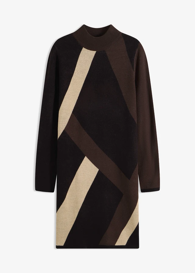 Gebreide jacquard jurk met trendy strepen, Kleur: zwart-bruin