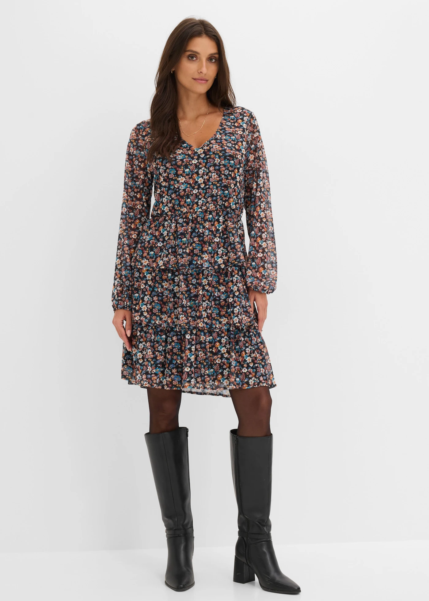 Robe courte en mesh avec col en V • noir floral • Boutique bonprix