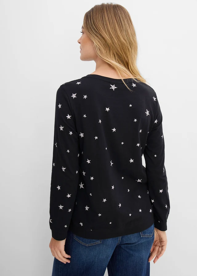 T-shirt coton imprimé, manches longues, Couleur: noir imprimé