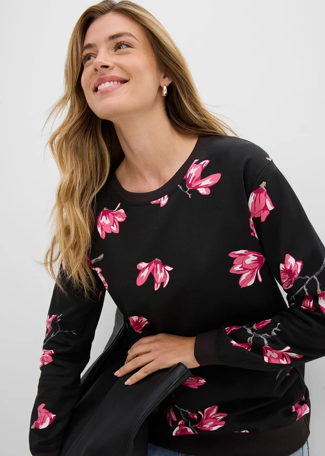 Sweater van katoen, wijd model • zwart gebloemd • bonprix online shop